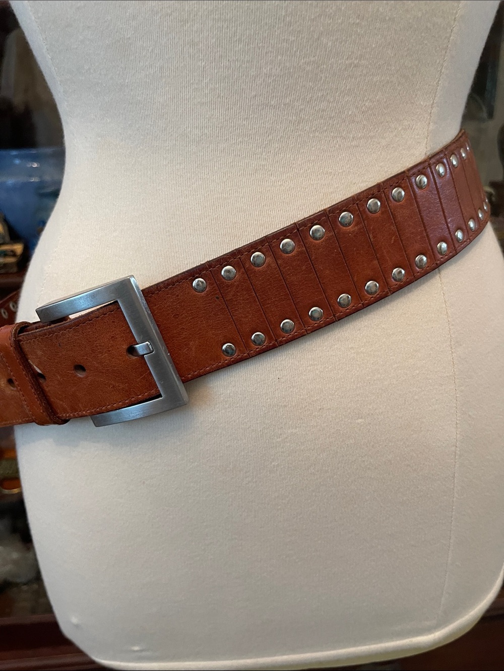 Kenneth Cole Brown Leather Studded Belt with Silver Buckle